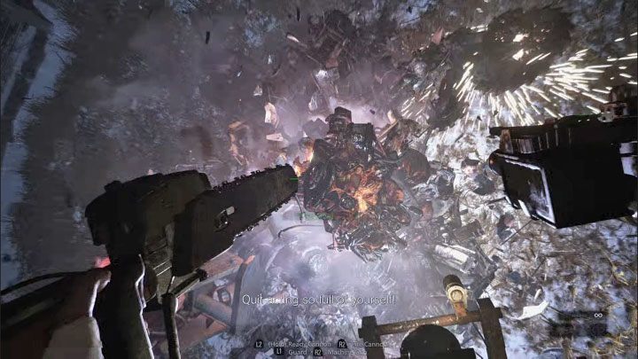 Po tym jak zadacie bossowi dostatecznie duże obrażenia Heisenberg wytworzy swego rodzaju tornado, które przyciągnie czołg - Resident Evil Village: Zmutowany Heisenberg - boss, jak pokonać? - Resident Evil Village - poradnik do gry