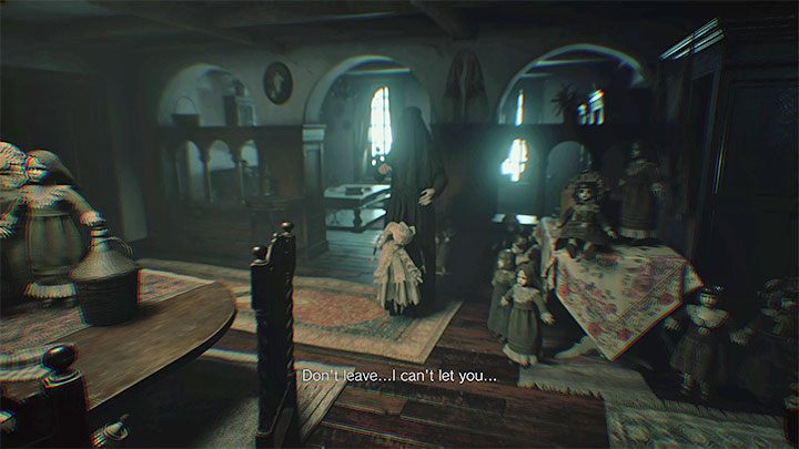 Po opuszczeniu piwnicy i powrocie na główny poziom Domu Beneviento napotkacie Donnę Beneviento i kontrolowaną przez nią lalkę Angie - Resident Evil Village: Pokonanie Donny Beneviento i powrót do wioski - solucja - Resident Evil Village - poradnik do gry