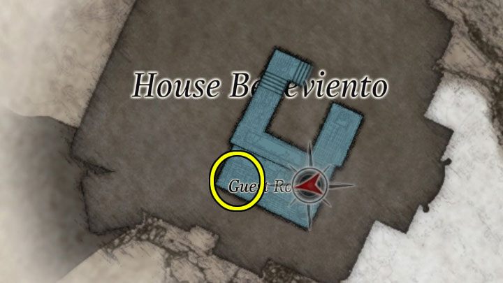 Pierwsza kryjówka bossa to pomieszczenie dla gości Guest Room na piętrze budynku - Resident Evil Village: Pokonanie Donny Beneviento i powrót do wioski - solucja - Resident Evil Village - poradnik do gry