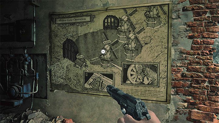 Rysunek na ścianie w budynku, w którym aktualnie przebywacie, jest podpowiedzią na temat rozwiązania aktualnego problemu - będziecie musieli dotrzeć do okolicznych wiatrków (Windmill) i skorzystać w nich z korby celem zagwarantowania dostaw prądu do stróżówki (Gatehouse) i uruchomienia panelu sterow - Resident Evil Village: Przeprawa przez zbiornik, unikanie ryby - solucja - Resident Evil Village - poradnik do gry