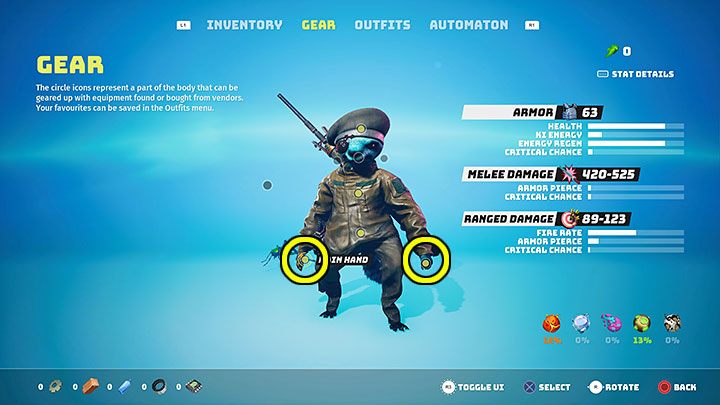 Po przejściu do zakładki Sprzęt (Gear) w inwentarzu możecie przeglądać różne rodzaje elementów wyposażenia poprzez wybieranie odpowiednich interaktywnych punktów na ciele bohatera - Biomutant: Broń palna w inwentarzu - gdzie jest? - Biomutant - poradnik do gry