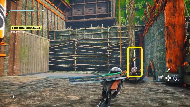 Po ułożeniu puzzli rotacyjnych wskoczcie do wody i przepłyńcie na drugą stronę ściany, a następnie pociągnijcie za dźwignię, aby opuścić most zwodzony i otworzyć przejście dla wojsk plemienia Miriadów - Biomutant: Początek wojny plemion/The Tribe War Begins - solucja - Biomutant - poradnik do gry