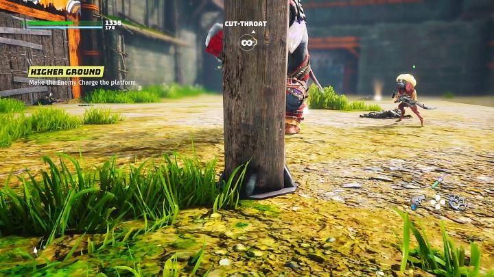 Ustawcie się za drewnianym filarem i poczekajcie, aż przeciwnik na Was zaszarżuje - Biomutant: Początek wojny plemion/The Tribe War Begins - solucja - Biomutant - poradnik do gry