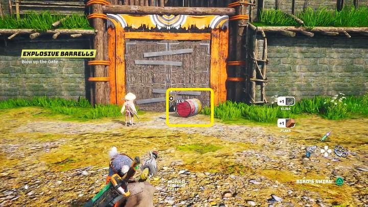 Uderzcie w zsyp bronią białą, a następnie odbijcie beczkę w taki sposób, aby podtoczyła się pod bramę - Biomutant: Początek wojny plemion/The Tribe War Begins - solucja - Biomutant - poradnik do gry