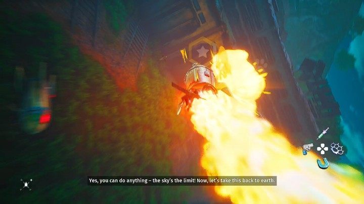 Po walce wejdźcie w interakcję z rakietą, a Wasz bohater uczepi się jej i pokieruje w taki sposób, aby wysadzić wrota prowadzące do kryjówki Gizmo - Biomutant: Ciuchciownia/The Chugyard - solucja, opis przejścia - Biomutant - poradnik do gry