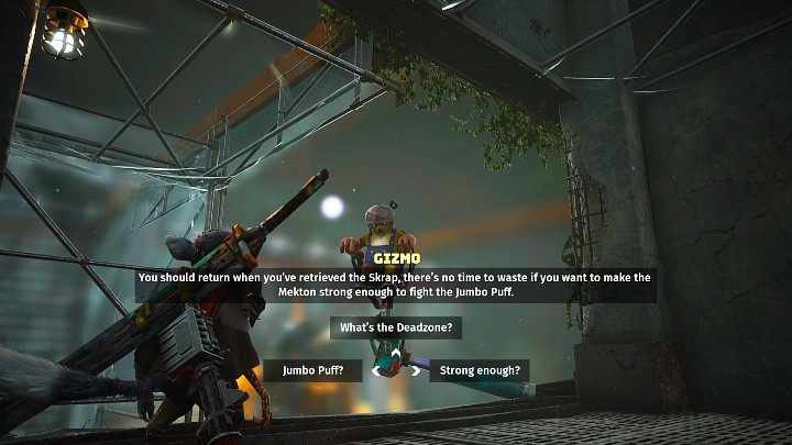 Gizmo opowie Wam nieco na temat przeszłości głównego bohatera, ale także o swoim wynalazku mektonie i w jaki sposób zbudowany przez niego robot może pomóc Wam w walce z Puchciem Wielguchem (Jumbo Puff) - Biomutant: Gizmo - solucja, opis przejścia - Biomutant - poradnik do gry