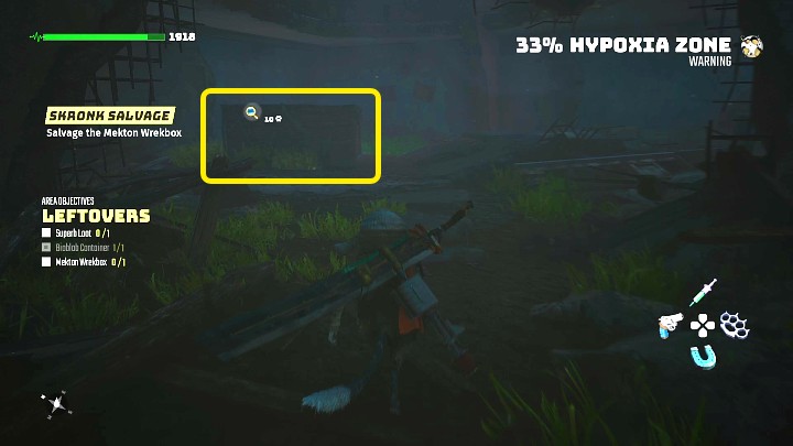 Po wejściu do ciemnego pomieszczenia wejdźcie w interakcje ze skrzynią oznaczoną na powyższym obrazku, a zdobędziecie potrzebne części - Biomutant: Gizmo - solucja, opis przejścia - Biomutant - poradnik do gry