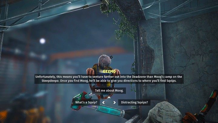 W trakcie rozmowy Gizmo wyjawi Wam, że pracował nad specjalną bronią, która może pomóc w walce z Puchciem Wielguchem, jednak potrzebuje do niej specjalnej amunicji - skwipów (Sqvips) - Biomutant: Gizmo - solucja, opis przejścia - Biomutant - poradnik do gry