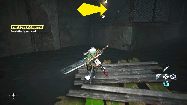 Poczekajcie, aż poziom ropy w pomieszczeniu podniesie się i przeskoczcie przez dziurę w siatce, aby dostać się na wyższy poziom bunkra - Biomutant: Gizmo - solucja, opis przejścia - Biomutant - poradnik do gry