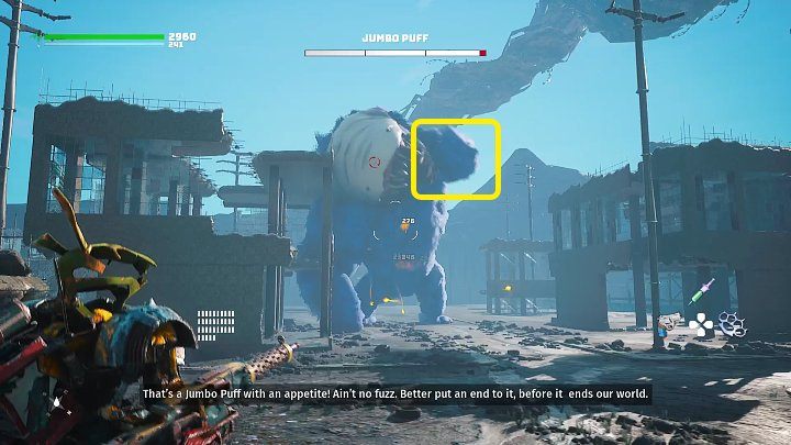 Gdy boss podniesie jedną ze swych wielkich łap, to znak, że za chwilę uderzy w ziemie i stworzy falę ognia, która będzie poruszać się w kierunku Waszego bohatera - Biomutant: Zachodni Światożerca/The Western Worldeater - solucja - Biomutant - poradnik do gry