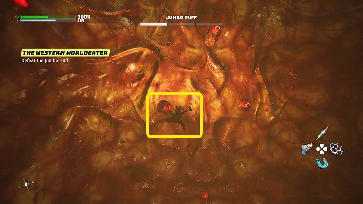 W trzeciej fazie pojedynku Puchcio Wielguch połknie Waszego bohatera i trafi on prosto do żołądka potwora - Biomutant: Zachodni Światożerca/The Western Worldeater - solucja - Biomutant - poradnik do gry