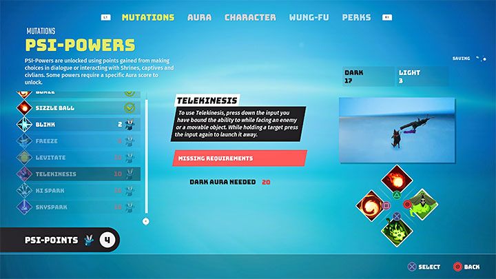Z wydawaniem punktów Psi wiąże się niestety jedno poważne ograniczenie - niektóre moce psioniczne dostępne są tylko dla postaci o odpowiedniej aurze (jest to odpowiednik karmy z innych gier RPG) - Biomutant: Bio-punkty, Punkty psioniczne - jak zdobywać? - Biomutant - poradnik do gry