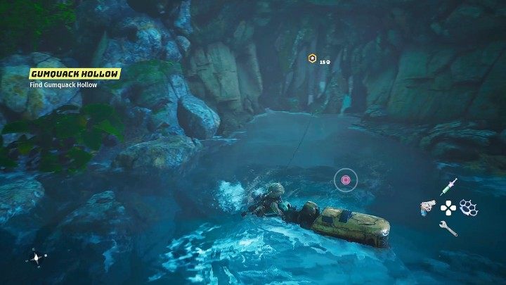 Podpłyńcie do miejsca wskazanego na mapie świata, a następnie zaczepcie hak o skały blokujące wejście do jaskini i wciskajcie określony przycisk, by zniszczyć przeszkodę - Biomutant: Glutomir/Goop - solucja, opis przejścia - Biomutant - poradnik do gry