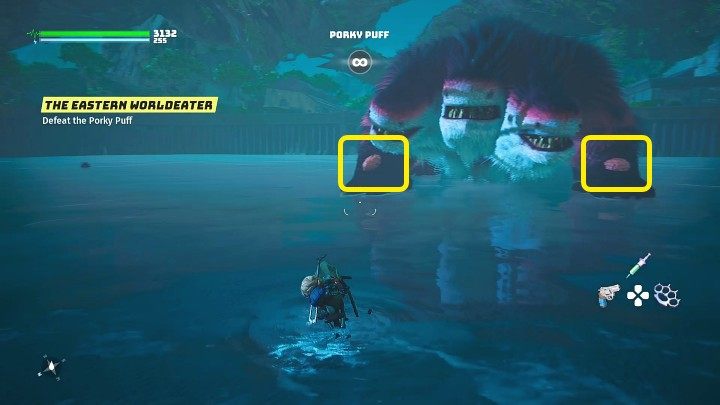 W trakcie pierwszej fazy pojedynku atakujcie wrażliwe punkty bossa, aby wyrządzić mu obrażenia - Biomutant: Wschodni Światożerca/The Eastern Worldeater - solucja - Biomutant - poradnik do gry