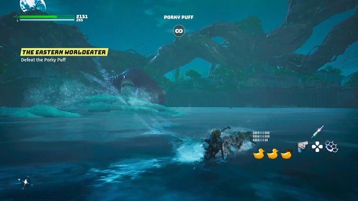 Przez całą walkę Puchcio Chrum będzie atakował swoimi potężnymi łapami, a każdy atak stworzy falę, która z dużą prędkością będzie płynąć w kierunku Waszego bohatera - aby uniknąć obrażeń, odpłyńcie szybko na bok - Biomutant: Wschodni Światożerca/The Eastern Worldeater - solucja - Biomutant - poradnik do gry