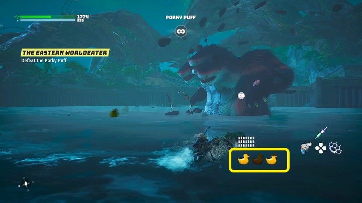 Gdy tylko Puchcio Chrum wyłoni się, aby zlokalizować swój cel, wyrzućcie gumową kaczkę, która odwróci jego uwagę i spowoduje, że boss wyjdzie na powierzchnię - Biomutant: Wschodni Światożerca/The Eastern Worldeater - solucja - Biomutant - poradnik do gry