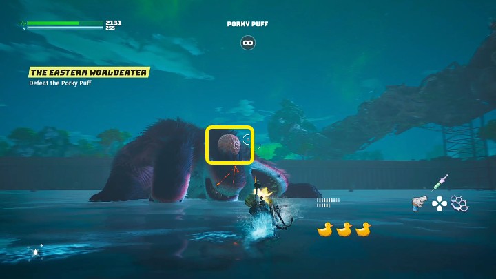 Po zniszczeniu wszystkich 4 słabych punktów boss zostanie powalony, a Wy będziecie mogli podpłynąć od przodu i rozbić dużą narośl, która wyrośnie na głowie przeciwnika - Biomutant: Puchcio Chrum/Porky Puff - jak pokonać? - Biomutant - poradnik do gry