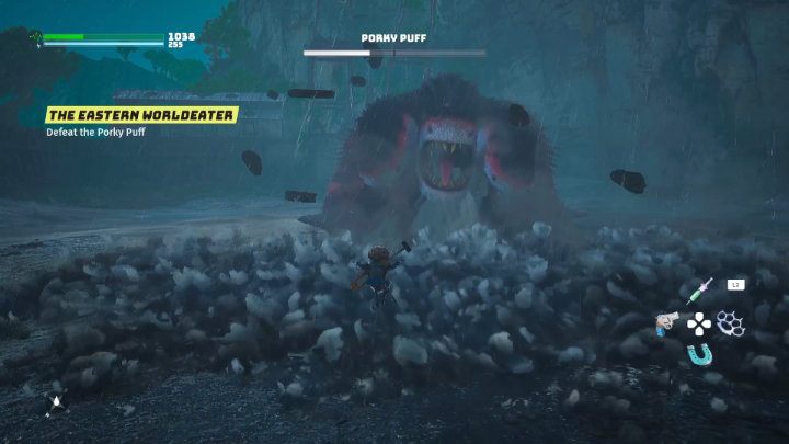 Gdy Puchcio Chrum zacznie unosić do góry swoje łapy to znak, że za chwilę uderzy w ziemię i stworzy falę uderzeniową, nad którą będziecie musieli przeskoczyć - Biomutant: Puchcio Chrum/Porky Puff - jak pokonać? - Biomutant - poradnik do gry