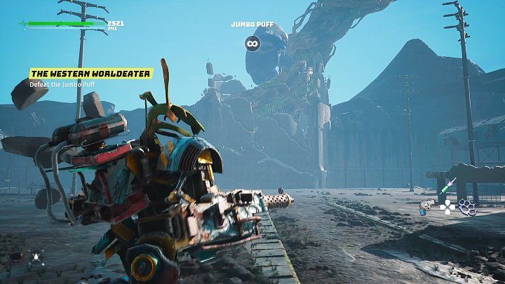 Gdy Puchcio Wielguch wskoczy na korzeń Drzewa Życia, zacznie rzucać w Was głazami - zachowajcie odległość i omijajcie pociski poprzez ruch do boku lub wykonując unik - Biomutant: Puchcio Wielguch/Jumbo Puff - jak pokonać? - Biomutant - poradnik do gry