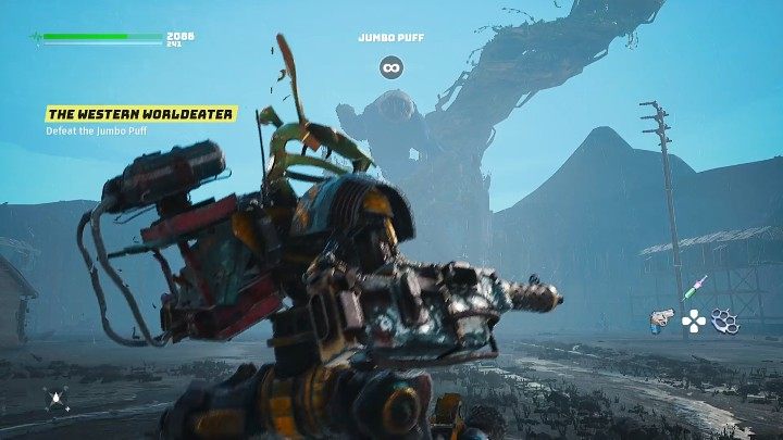 W drugiej fazie pojedynku boss znowu wskoczy na korzeń Drzewa Życia i zacznie rzucać w Was głazami - zachowajcie odległość i omijajcie pociski poprzez ruch do boku lub wykonując unik - Biomutant: Puchcio Wielguch/Jumbo Puff - jak pokonać? - Biomutant - poradnik do gry