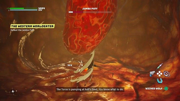 Podejdźcie do serca potwora i uderzajcie w nie bronią białą lub bronią dystansową, aby nadwątlić ostatni pasek zdrowia Puchcia Wielgucha - Biomutant: Puchcio Wielguch/Jumbo Puff - jak pokonać? - Biomutant - poradnik do gry