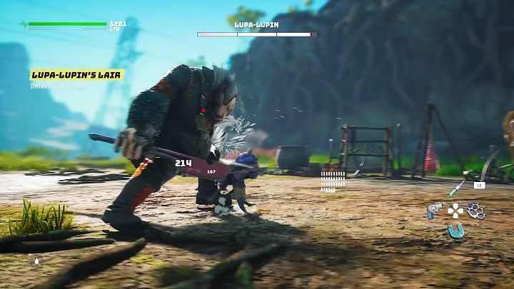 Walcząc z Lupa-Lupinem w bardzo bliskim kontakcie musicie uważać na kilka ataków: szybkie ciosy tasakiem, sekwencje stąpnięć połączoną z zamaszystym kopnięciem i uderzenia łapą - Biomutant: Mięsożerca/The Meat Eater - solucja, opis przejścia - Biomutant - poradnik do gry
