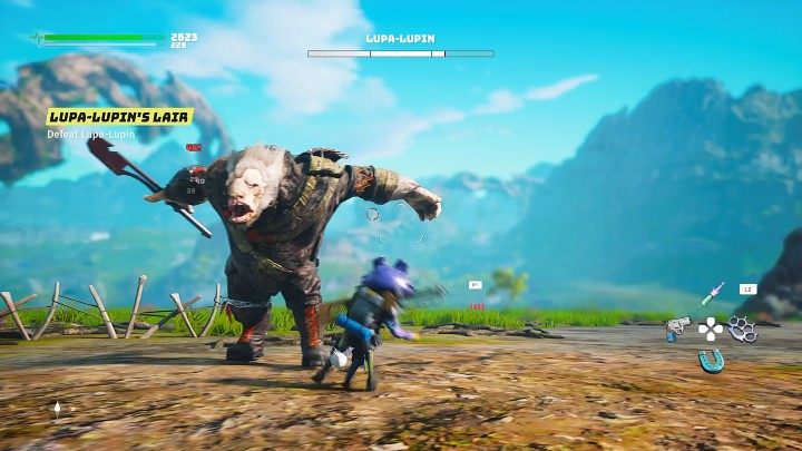 Gdy Lupa-Lupin rozpostrze swoje masywne ramiona to znak, że za chwilę spróbuje złapać i zmiażdżyć Wasza postać - trzymajcie przeciwnika na dystans lub bądźcie przygotowanie do zrobienia uniku w bok - Biomutant: Mięsożerca/The Meat Eater - solucja, opis przejścia - Biomutant - poradnik do gry