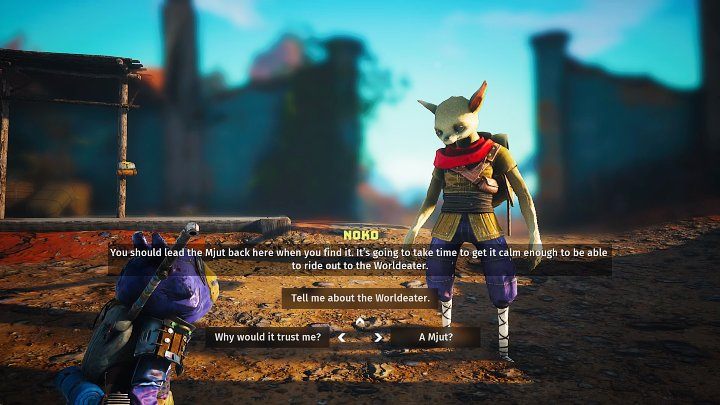 W trakcie rozmowy z Noko dowiecie się, że mjut uciekł ze swojej zagrody i musicie go odnaleźć, a następnie przyprowadzić z powrotem - Biomutant: Noko - solucja, opis przejścia - Biomutant - poradnik do gry