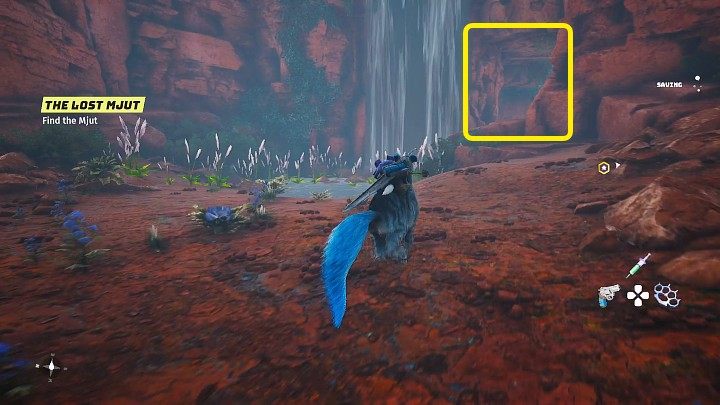 Mjuta znajdziecie w jaskini za wodospadem - wejście znajduje się w miejscu oznaczonym na powyższym obrazku - Biomutant: Noko - solucja, opis przejścia - Biomutant - poradnik do gry