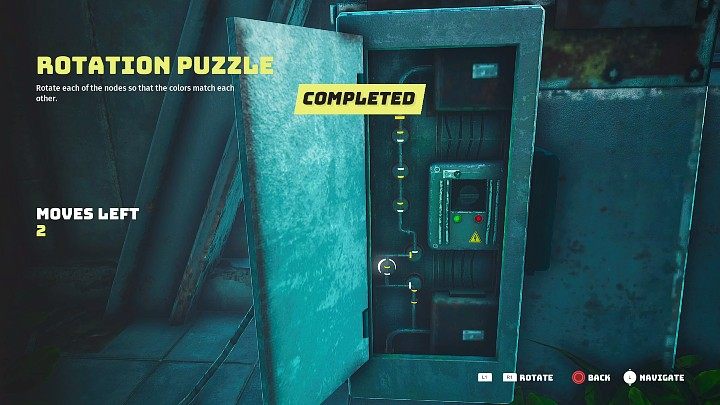 Aby otworzyć drzwi, musicie dostarczyć do nich prąd poprzez ułożenie prostych puzzli rotacyjnych - Biomutant: Zium/Whiz - solucja, opis przejścia - Biomutant - poradnik do gry