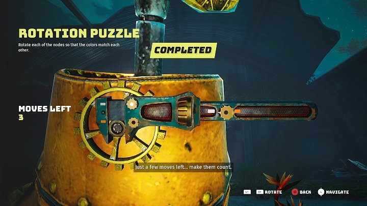 Uruchomienie mekadłoni wymaga ułożenia kolejnych niezbyt skomplikowanych puzzli rotacyjnych - zwróćcie uwagę na dwa małe pokrętła, które muszą zostać dopasowane do koloru po lewej stronie klucza - Biomutant: Zium/Whiz - solucja, opis przejścia - Biomutant - poradnik do gry