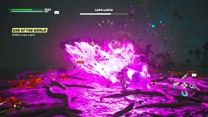 Gdy pozbawicie bossa pierwszej części paska zdrowia, Lupa-Lupin wścieknie się i będzie atakował z jeszcze większą furią, wykorzystując przy tym mroczną moc - Biomutant: Koniec Świata/End of the World - solucja, opis przejścia - Biomutant - poradnik do gry