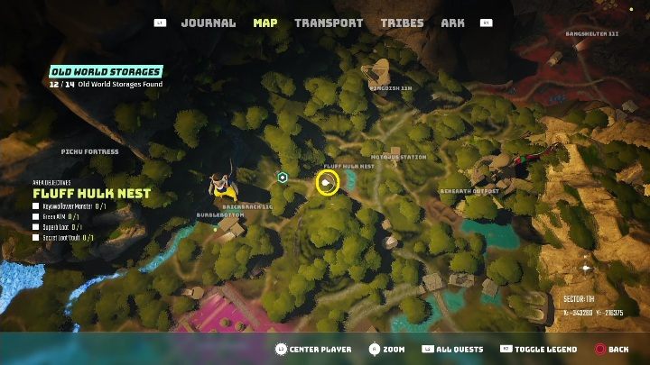 Potwór znajduje się w na wschód od punktu zaznaczonego na mapie, ale na zachód od małego zbiornika wodnego - Biomutant: Magazyn z Dawnoświata - solucja, opis przejścia - Biomutant - poradnik do gry