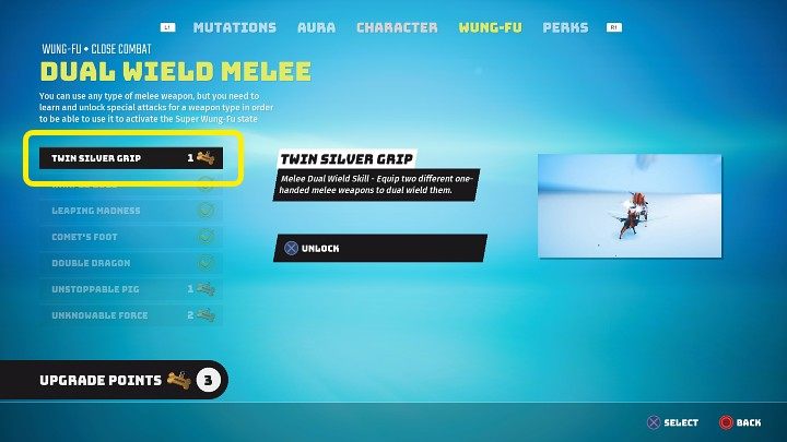 W zakładce Wung-Fu w kategorii walka na bliskim dystansie należy wykupić za 1 Punkt ulepszenia umiejętność Podwójny Srebrny Chwyt (Twin Silver Grip) - Biomutant: Walka 2 broniami/Dual Wield - jak odblokować? - Biomutant - poradnik do gry