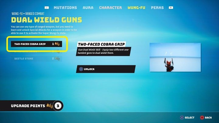 W zakładce Wung-Fu w kategorii walka bronią dystansową należy wykupić za 1 Punkt ulepszenia umiejętność Chwyt Dwugłowej Kobry (Two-Faced Cobra Grip) - Biomutant: Walka 2 broniami/Dual Wield - jak odblokować? - Biomutant - poradnik do gry