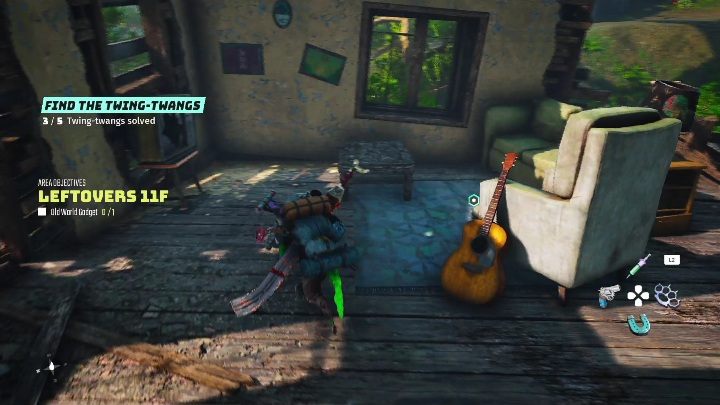 Gitarę do nastrojenia znajdziecie w drewnianym domku, zaraz przy sporej wielkości fotelu - Biomutant: Znajdź Strunobrzdęki - solucja, opis przejścia - Biomutant - poradnik do gry