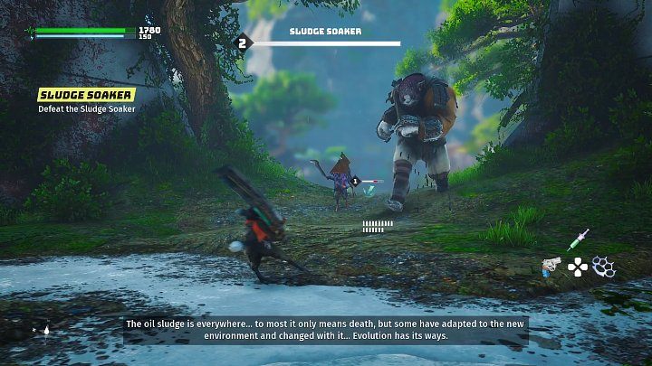 Gdy tylko przejdziecie do kolejnego obszaru, zostaniecie zaatakowani przez większego przeciwnika (Sludge Soaker) w towarzystwie 3 mniejszych pomocników - Biomutant: Bunkier 101 - solucja, opis przejścia - Biomutant - poradnik do gry