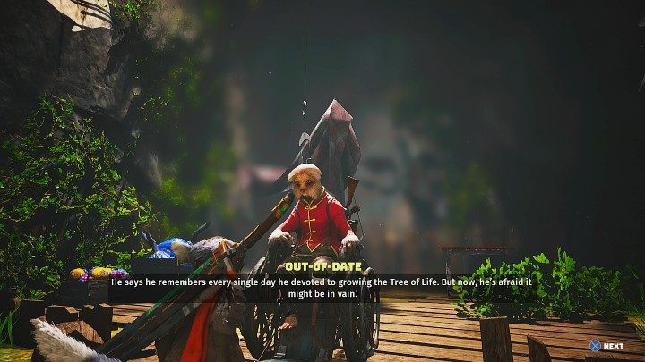 Gdy wrócicie do rzeczywistości, Przedawniony powie, że pamięta każdy dzień poświęcony pielęgnowaniu Drzewa Życia, jednak teraz obawia się, że jego praca może zostać zniszczona - Biomutant: Inny świat/Another World - solucja, opis przejścia - Biomutant - poradnik do gry