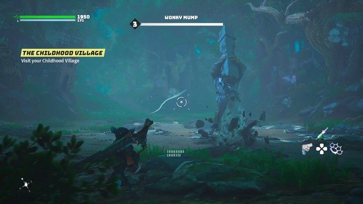 Gdy Wonky Mymp uniesie kamienny filar pionowo do góry to znak, że za chwilę zacznie uderzać nim o ziemię, wywołując w ten sposób fale uderzeniowe - unikniecie otrzymania obrażeń, wykonując odskok w bok - Biomutant: Sojusz/An Alliance - solucja, opis przejścia - Biomutant - poradnik do gry