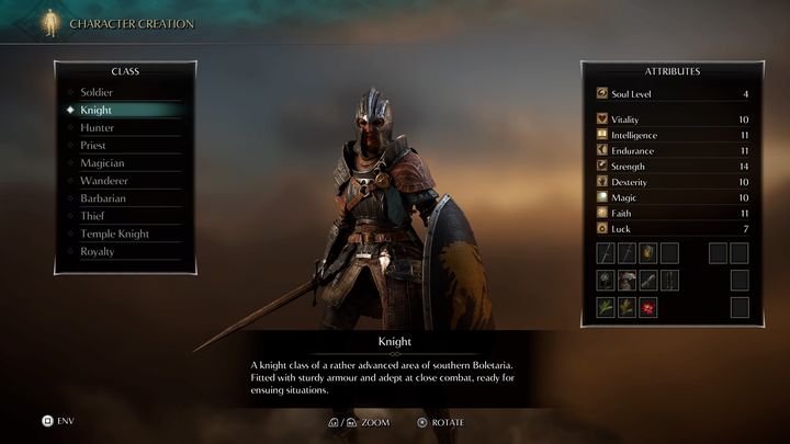 Rycerz posiada nieco mniej punktów życia, ze względu na mniejszą liczbę punktów zainwestowanych w witalność, jednakże jest to najbardziej wyrównana postać pod względem statystyk, co oznacza, że we wszystkim jest całkiem dobra (poza szczęściem, które wpływa na większą możliwość wypadania przedmiotó - Demons Souls Remake: Klasy postaci - lista - Demons Souls Remake - poradnik do gry