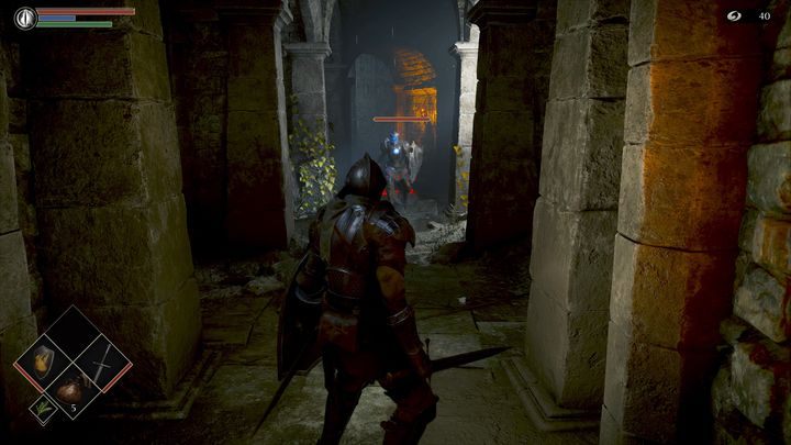 Idąc przez wąski korytarz, napotkacie nowego przeciwnika o charakterystycznych, niebieskich odblaskach na hełmie - Demons Souls Remake: Tutorial, samouczek - solucja, opis przejścia - Demons Souls Remake - poradnik do gry