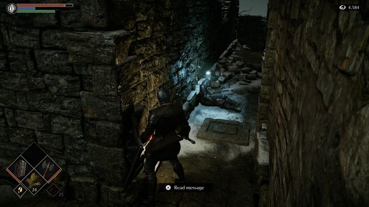 Następnie zeskoczcie na dół, uważając na szkielet z dwoma mieczami - Demons Souls Remake: Obrzeża wyspy (4-1) - solucja, opis przejścia - Demons Souls Remake - poradnik do gry