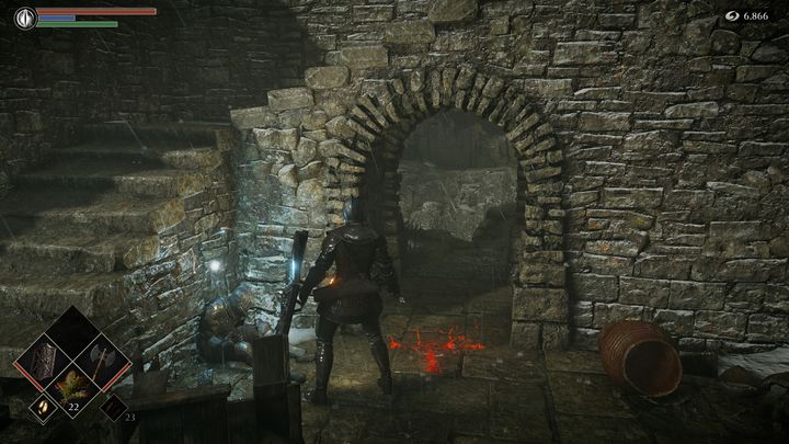 Podnieście przedmiot, następnie biegnijcie na wprost, aby zgładzić jaszczurkę - Demons Souls Remake: Obrzeża wyspy (4-1) - solucja, opis przejścia - Demons Souls Remake - poradnik do gry