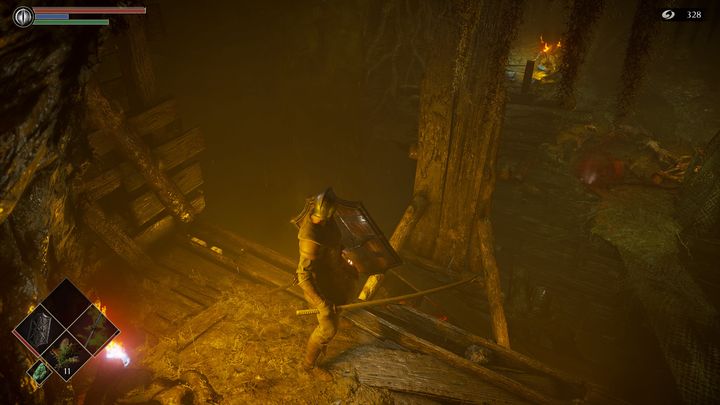 Zanim jednak pójdziecie do drabiny, udajcie się w stronę drewnianej kładki, która stoi pionowo - Demons Souls Remake: Czeluść deprawacji (5-1) - solucja, opis przejścia - Demons Souls Remake - poradnik do gry