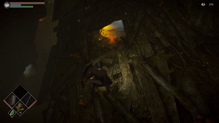 Po następnym skoku na kolejną platformę w dół, uważajcie, gdyż drewno się złamie i wskoczycie w grupę przeciwników, która znajdować się będzie po dwóch stronach - Demons Souls Remake: Czeluść deprawacji (5-1) - solucja, opis przejścia - Demons Souls Remake - poradnik do gry