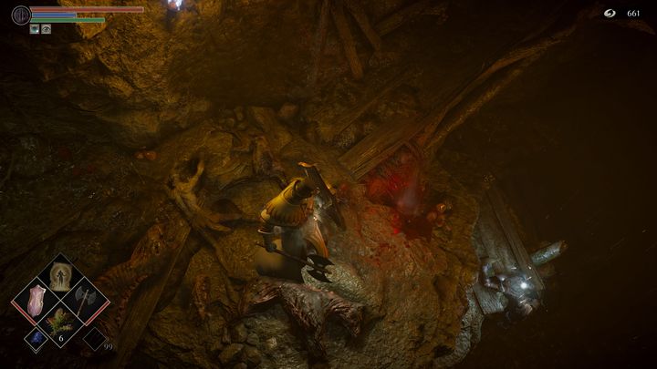 Kawałek dalej, na niższym stopniu znajduje się przedmiot do podniesienia, kwiat arystokraty (Nobles Lotos) - Demons Souls Remake: Bagno smutku (5-2) - solucja, opis przejścia - Demons Souls Remake - poradnik do gry