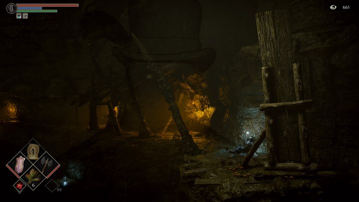 Po drugiej stronie znajduje się przejście z drewnianą kładką ustawioną pionowo - jest to skrót, który odblokujecie później - Demons Souls Remake: Bagno smutku (5-2) - solucja, opis przejścia - Demons Souls Remake - poradnik do gry