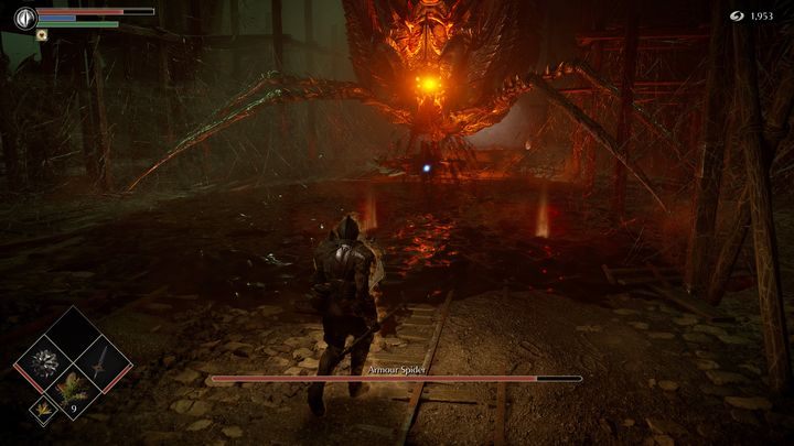 Gdy zobaczycie czarną ciecz na podłodze, czym prędzej uciekajcie na sam początek areny - Demons Souls Remake: Pancerny Pająk - boss, jak pokonać? - Demons Souls Remake - poradnik do gry