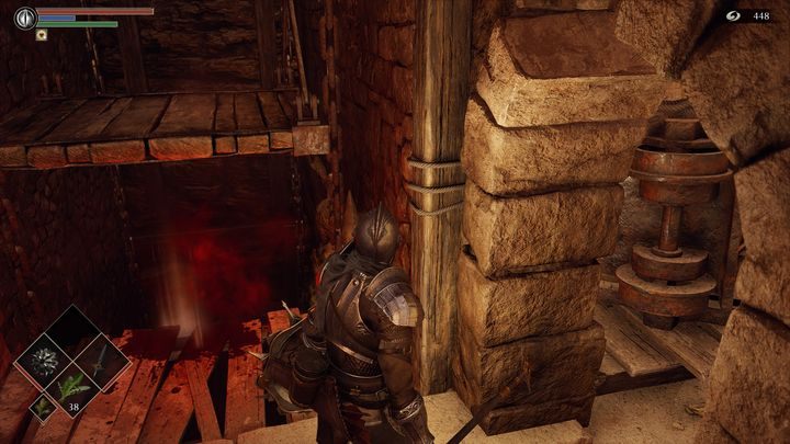 Przy handlarzu znajduje się również pomieszczenie, wchodząc do niego, zobaczycie kilka drewnianych stopni, które przypominają windę - Demons Souls Remake: Kuźnie (2-1) - solucja, opis przejścia - Demons Souls Remake - poradnik do gry