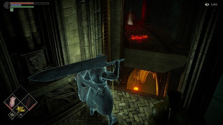 Gdy dojdziecie do momentu, w którym niemożliwe jest przejście dalej ze względu na dziurę widoczną na zdjęciu, poczekajcie chwilę, gdyż w tym momencie, winda zacznie funkcjonować i po chwili powinna pojawić się w wyznaczonym miejscu - Demons Souls Remake: Górna Latria (3-2) - solucja, opis przejścia - Demons Souls Remake - poradnik do gry
